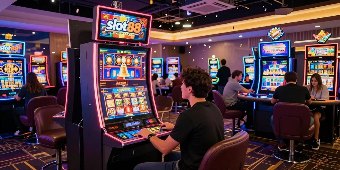 Exciting slot88 gaming experience with a player celebrating a win in a vibrant casino atmosphere.