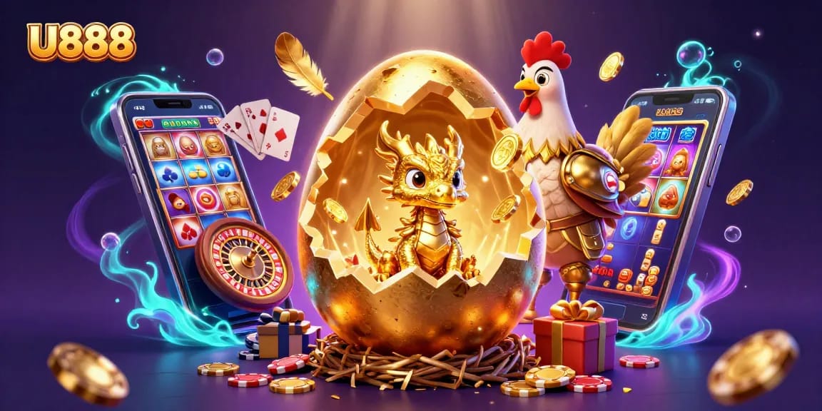 Experience thrilling gameplay at U888 with a vibrant scene of a dragon and casino elements.