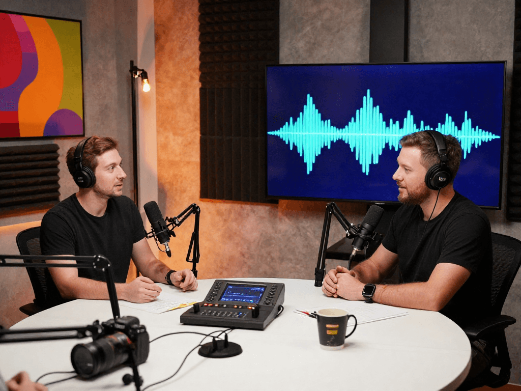 Brit Morin hosts an engaging podcast episode in a dynamic studio, discussing rokok88 slot login and digital innovation.