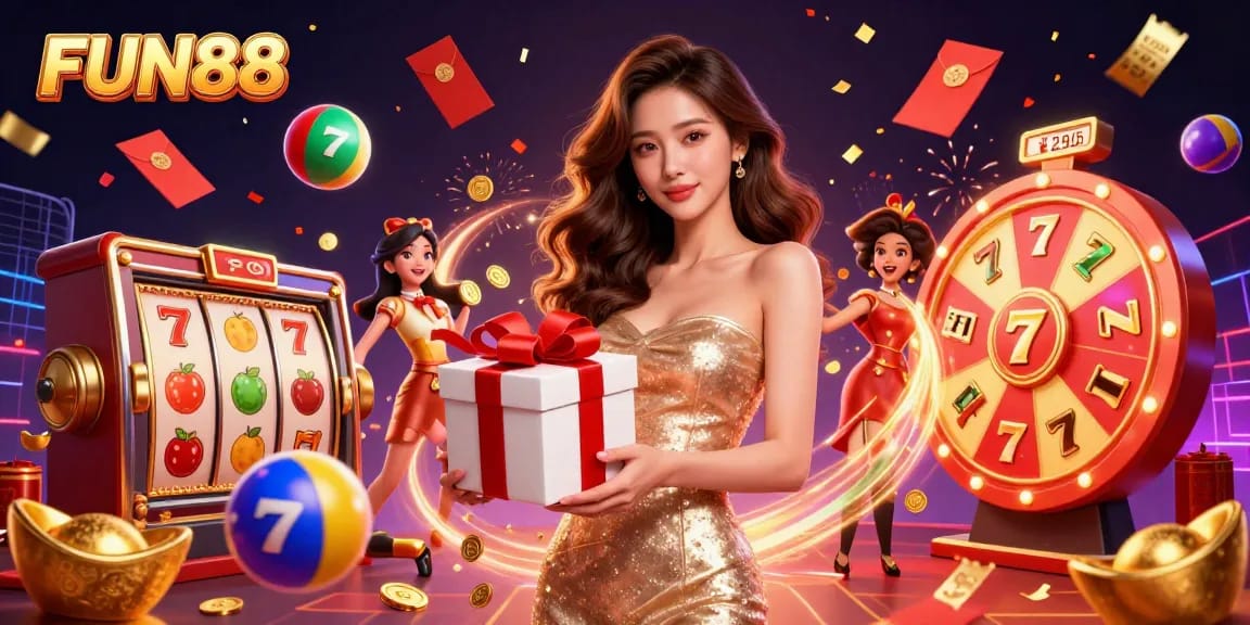 Experience fun and excitement with FUN88, where golden coins and prizes abound in a vibrant casino setting.