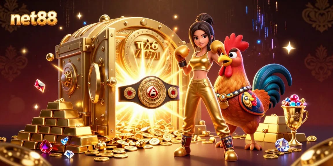Win big with net88 in this dynamic casino scene of a powerful woman and a championship rooster.