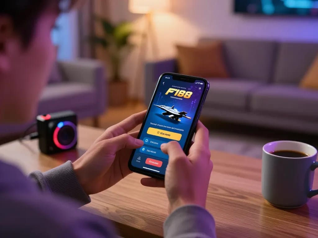 Player engaging with F168 casino app on smartphone in cozy gaming setup