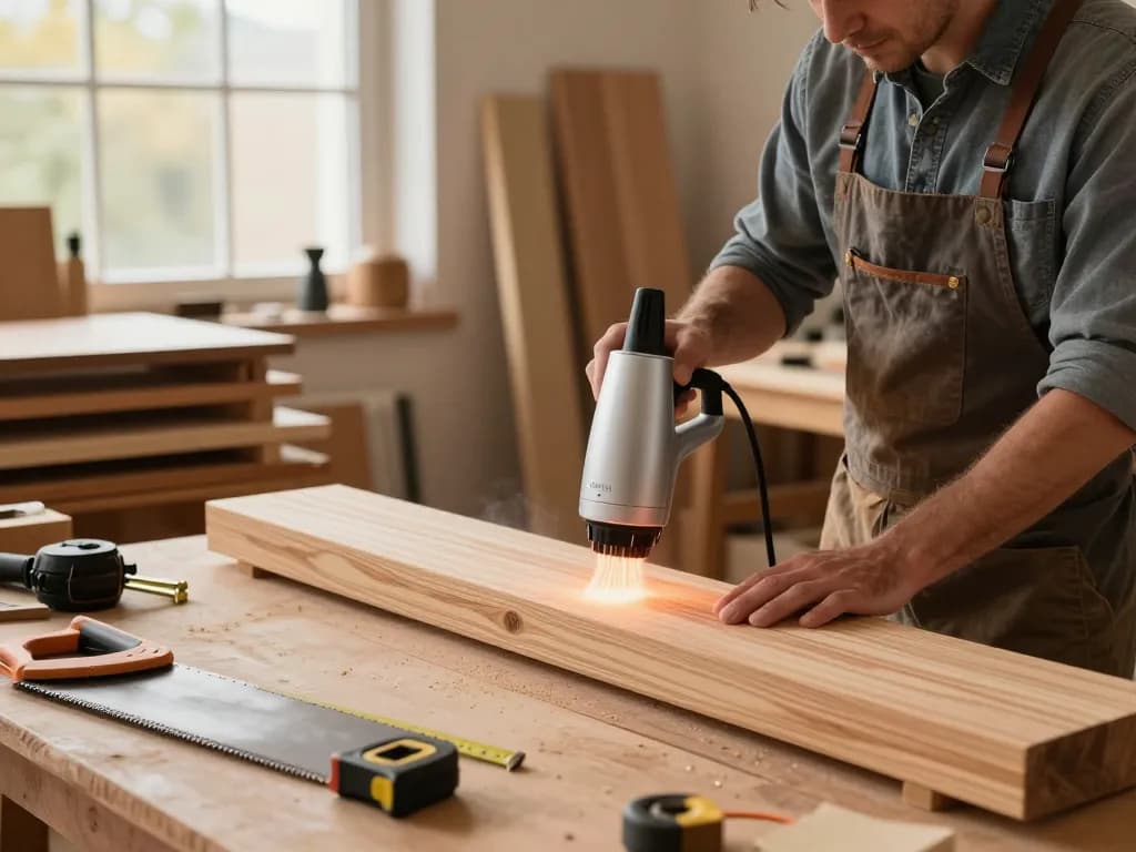 Artigiano che utilizza un dispositivo microonde antitarlo per trattare travi di legno, mostrando tecniche innovative di controllo dei parassiti in un caldo laboratorio.