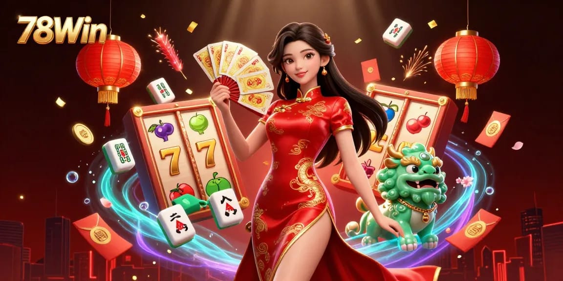 Engage with 78Win in this dynamic casino scene featuring a woman holding golden playing cards surrounded by slot symbols.