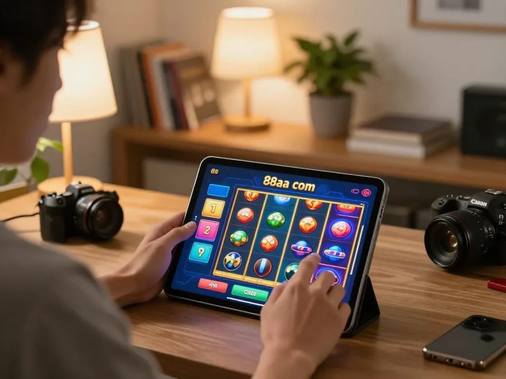 Engaged player using 88aa com on a tablet for online slots in a cozy home environment