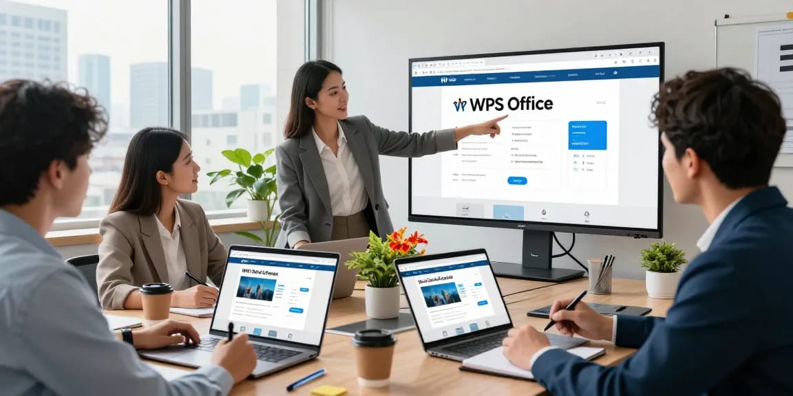 Team collaborating on WPS Official Website project in a modern office, showcasing technology use.