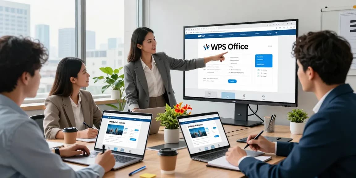 Team collaborating on WPS Official Website project in a modern office, showcasing technology use.