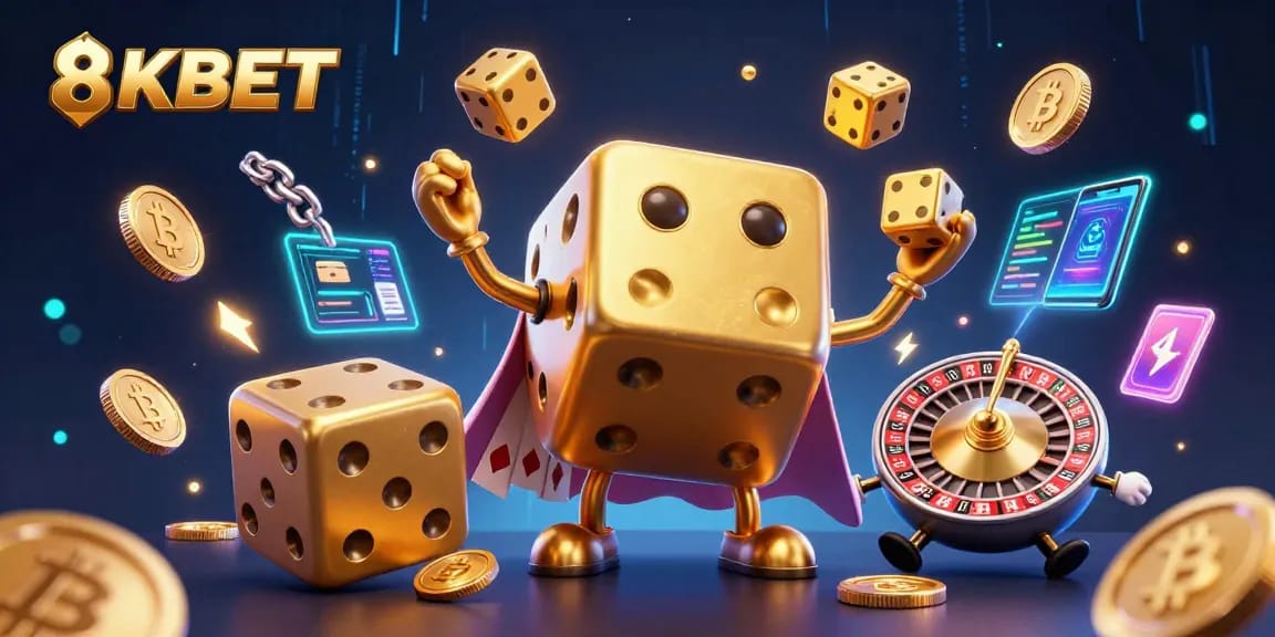 8KBET unveils an exciting scene with golden dice characters and cryptocurrency elements, creating a vibrant casino atmosphere.