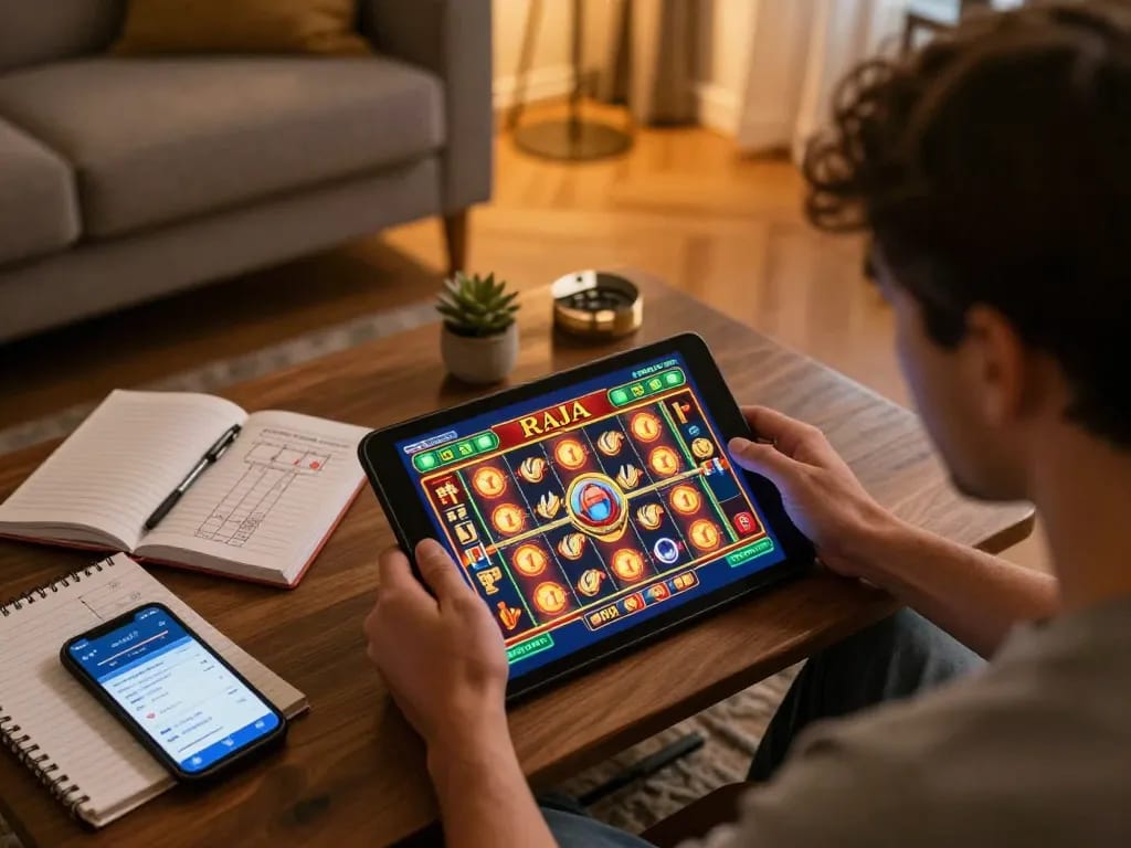 Engaging with raja slot game on tablet in cozy home setting, showcasing vibrant reels.