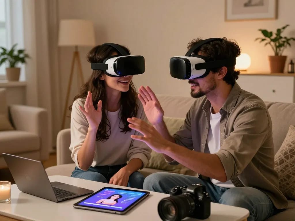 Couple exploring AI sex technology with a VR headset in a cozy home setting.