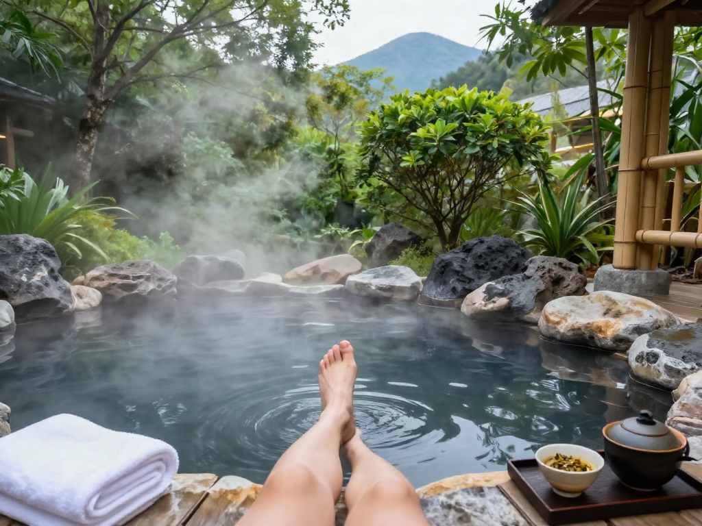 Expert rokok88 login experience with tranquil volcanic hot spring, steam rising.