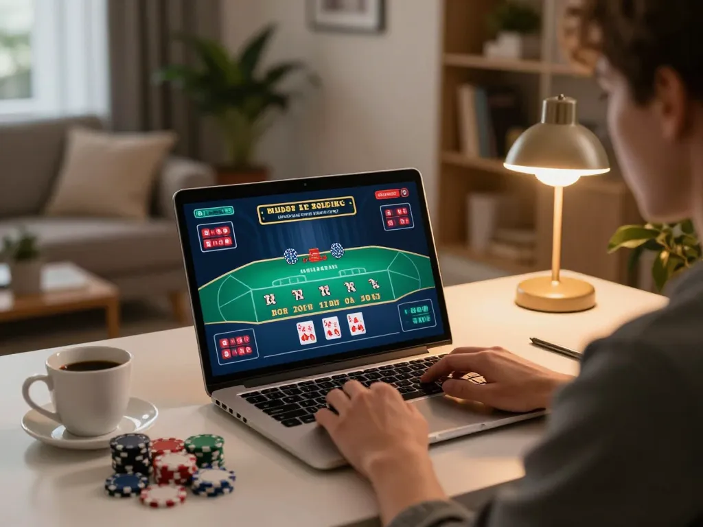 Engage in cm88 online blackjack with a cozy home setup, showcasing dynamic gameplay on a laptop.