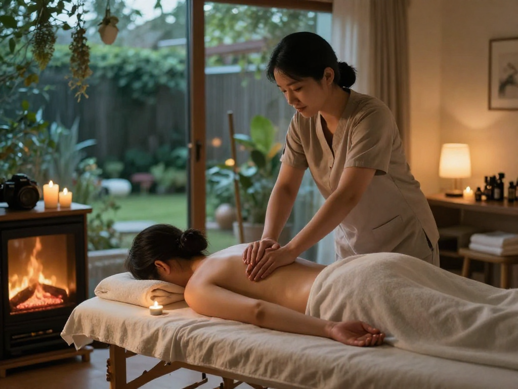 Enjoying 안산출장마사지 at home, a therapist provides a soothing Swedish massage with candles and relaxing ambiance.