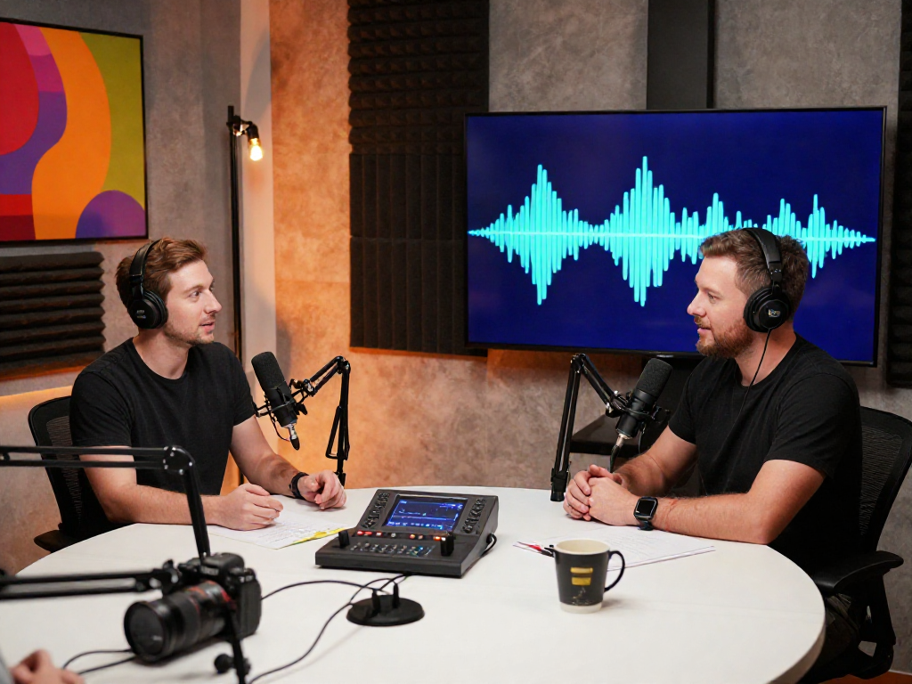 Brit Morin hosts an engaging podcast episode in a dynamic studio, discussing rokok88 slot login and digital innovation.