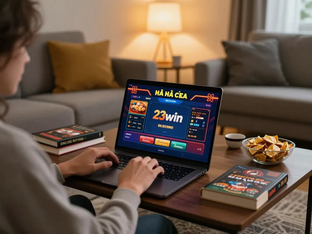 Engaged player using laptop for online betting at nhà cái 23win in cozy living room, showcasing responsible gaming.