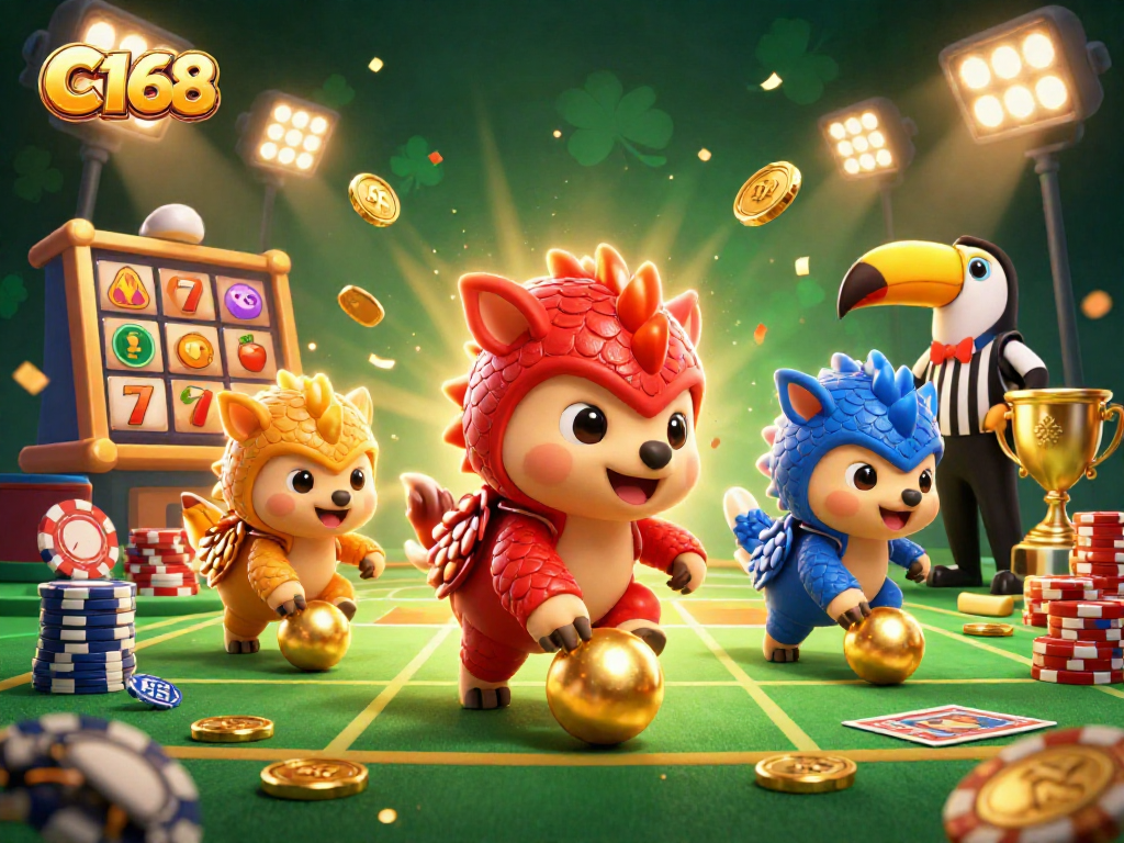 C168 rivals battle in a vibrant casino scene filled with slots, golden coins, and dynamic characters.