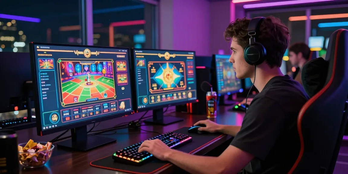 rokok88 login vibrant online gaming setup with dual monitors and casino games