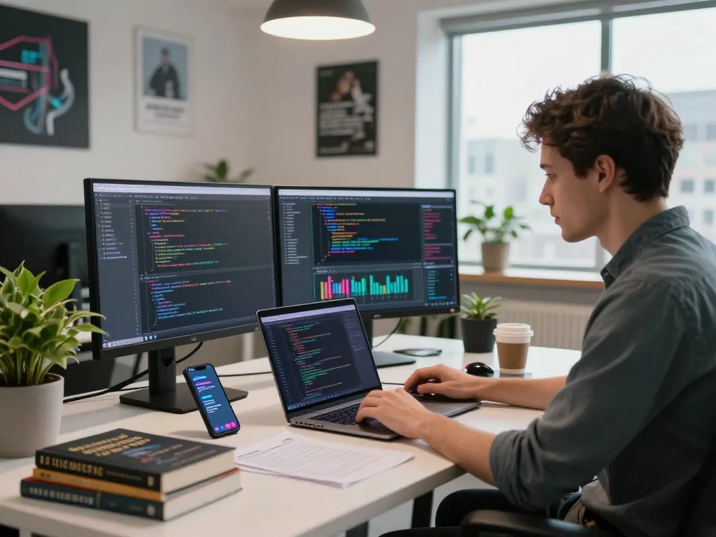 Workspace with developer using clawdbot on multiple monitors surrounded by coding materials and tech decor