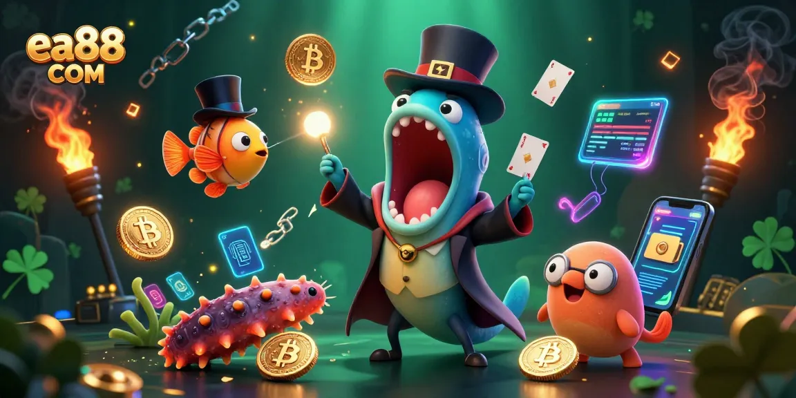Experience the magic of gambling at ea88 COM with a vibrant 3D illustration showcasing unique characters and crypto themes.