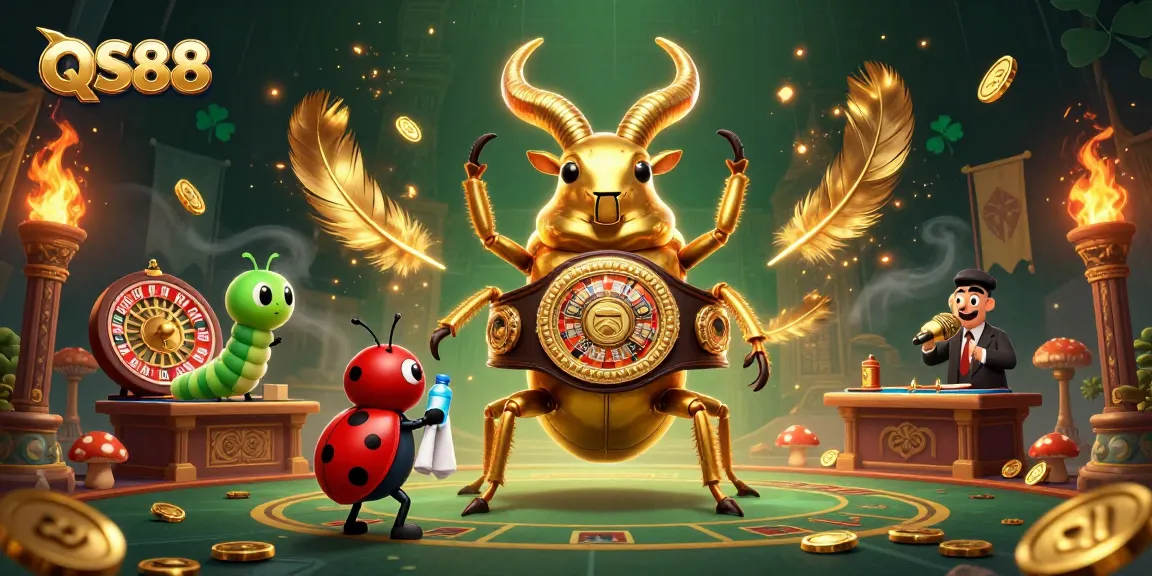 Experience exciting gaming strategies at QS88, featuring a golden beetle champion in a lively casino scene