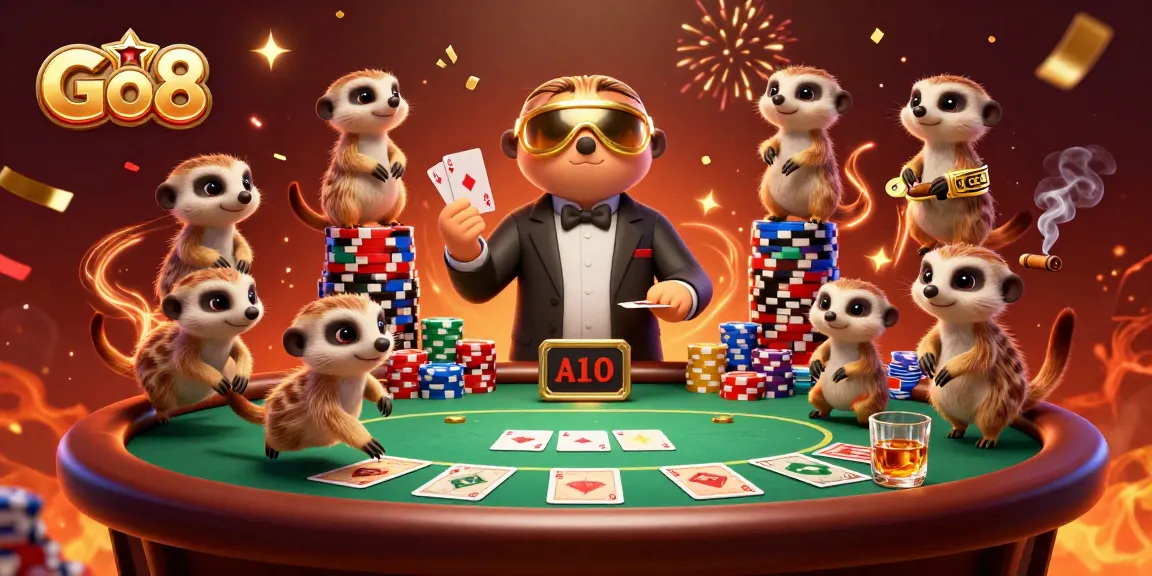 Go8 meerkats engaging in a vibrant poker game with colorful chips and celebratory effects