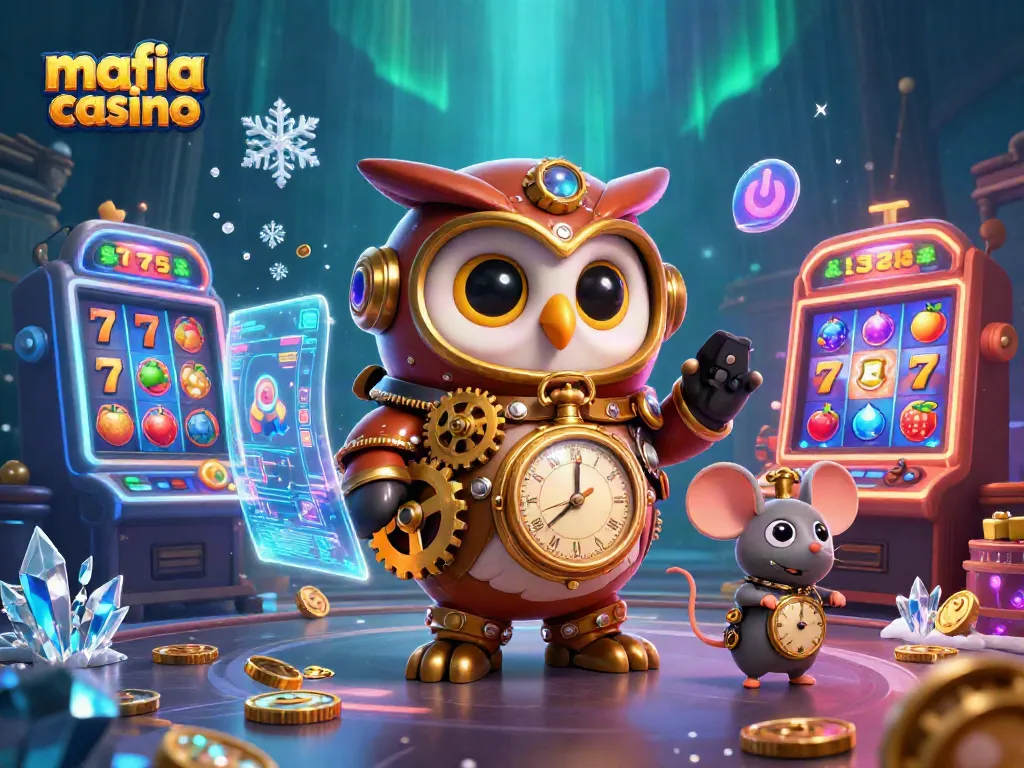 Mafia casino slots and jackpots in a rich, vibrant 3D scene with a time-traveler owl and clockwork mouse.