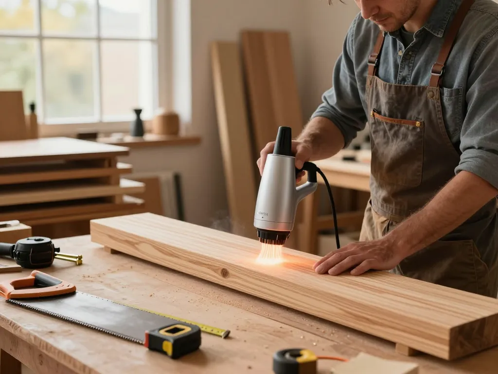 Artigiano che utilizza un dispositivo microonde antitarlo per trattare travi di legno, mostrando tecniche innovative di controllo dei parassiti in un caldo laboratorio.