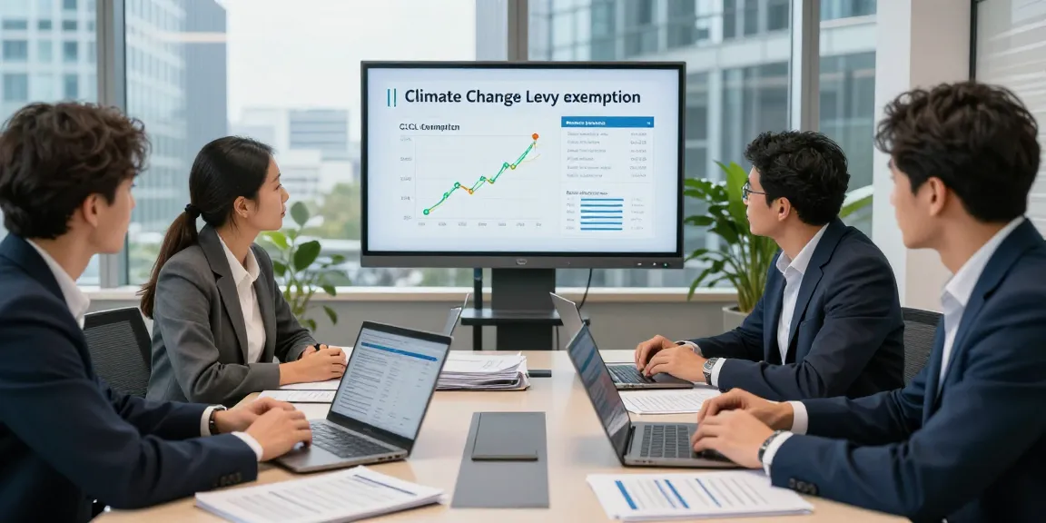 Team of consultants collaborating on Climate Change Levy exemption strategies in a professional office setting, focusing on energy optimization.