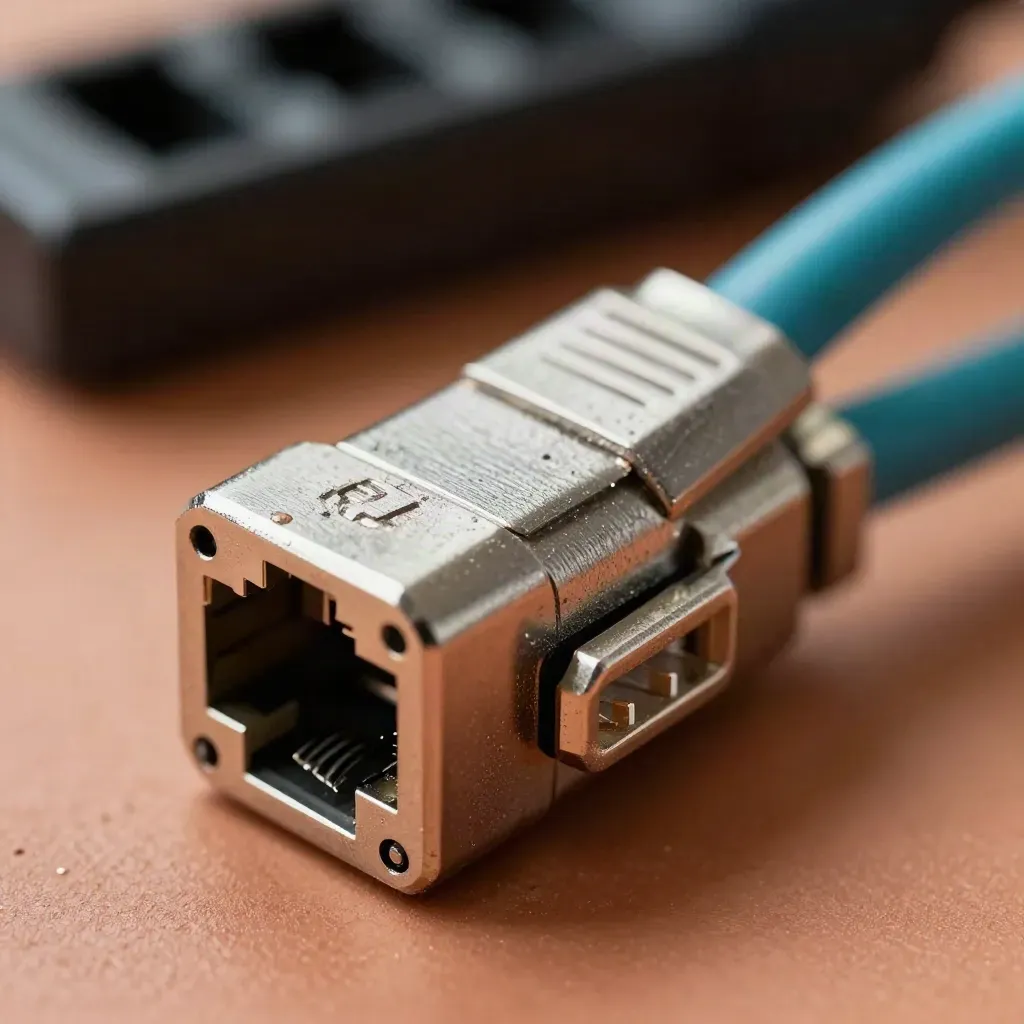 Connettori RJ45, giunto metallico e clip di cablaggio in macro su superficie terracotta.