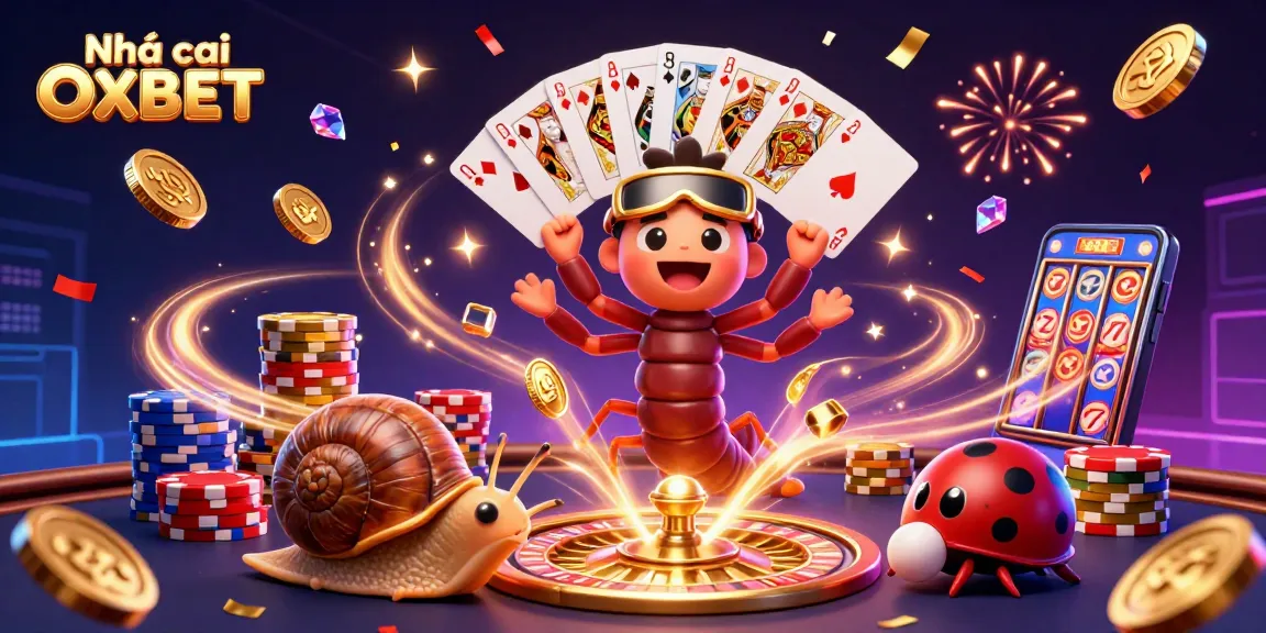 Engage with Nhà cái OXBET in an exciting casino scene featuring a millipede dealer and vibrant game elements.
