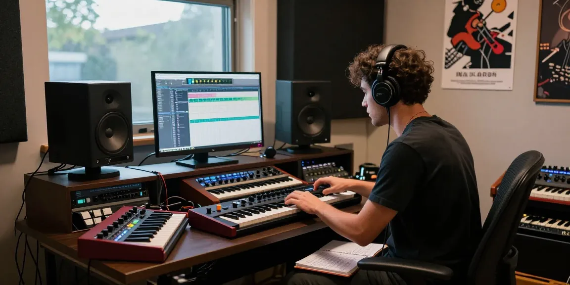 Musician composing music with SC88 sound module in a modern studio