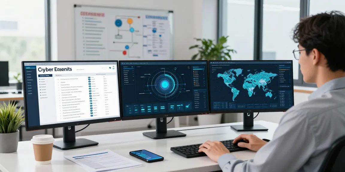 Cyber Essentials compliance overview displayed on multiple monitors in a modern cybersecurity office.