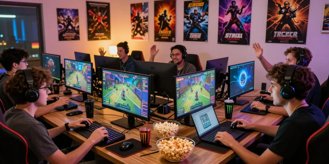 Gamers engaged in discussion at Rokok88.Games, surrounded by gaming gear and community posters.