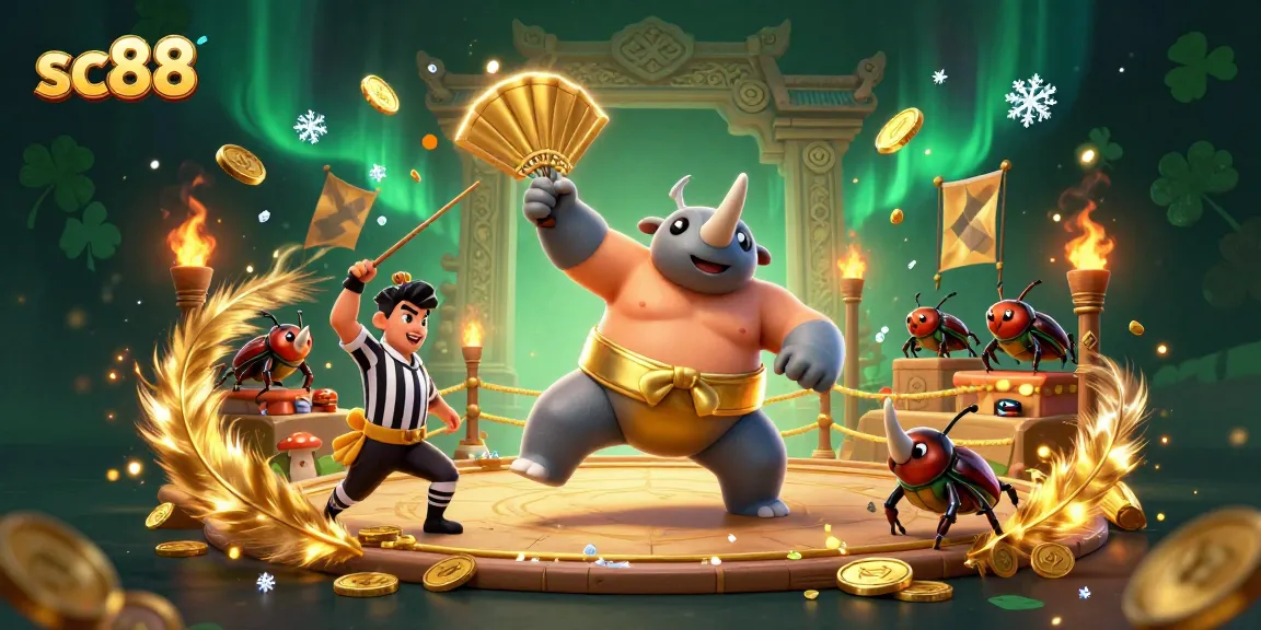 Experience the thrilling action of sc88 with a cartoon sumo beetle champion amidst a gold-laden casino arena.