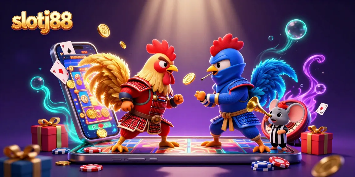 Engage with slotj88's thrilling duel of cartoon roosters and vibrant casino elements.