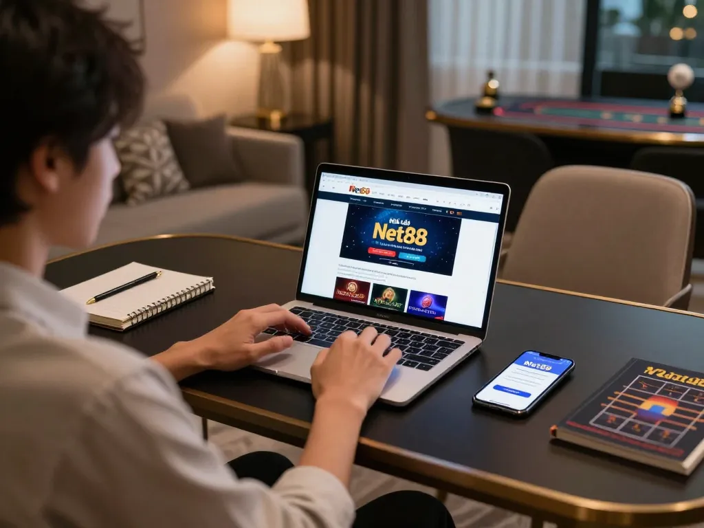 Engaging online gameplay with nhà cái Net88 on a laptop, highlighting a strategic gaming atmosphere that emphasizes bankroll management.