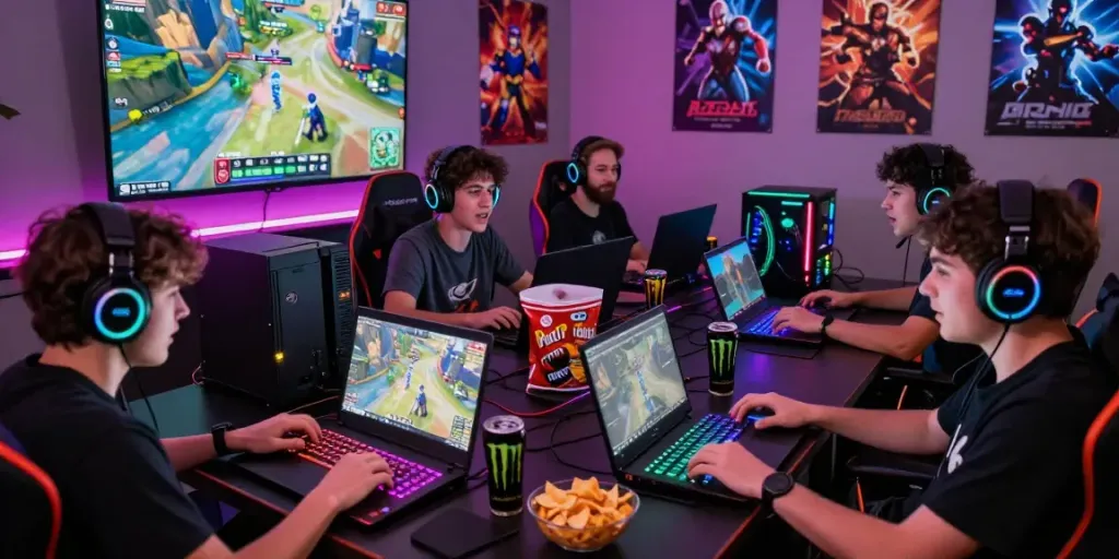 Engaged gamers connecting through rokok88 link login in a vibrant digital community setting.