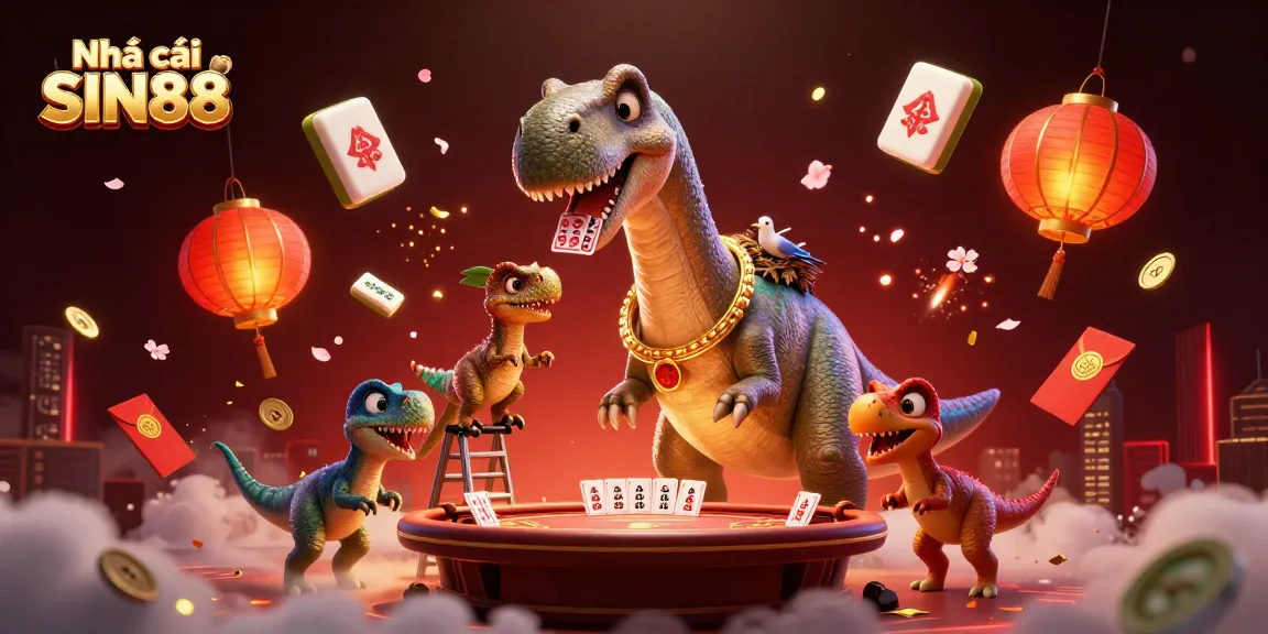 Experience the thrill of Nhà cái SIN88 with a magnificent casino illustration featuring playful dinosaurs.