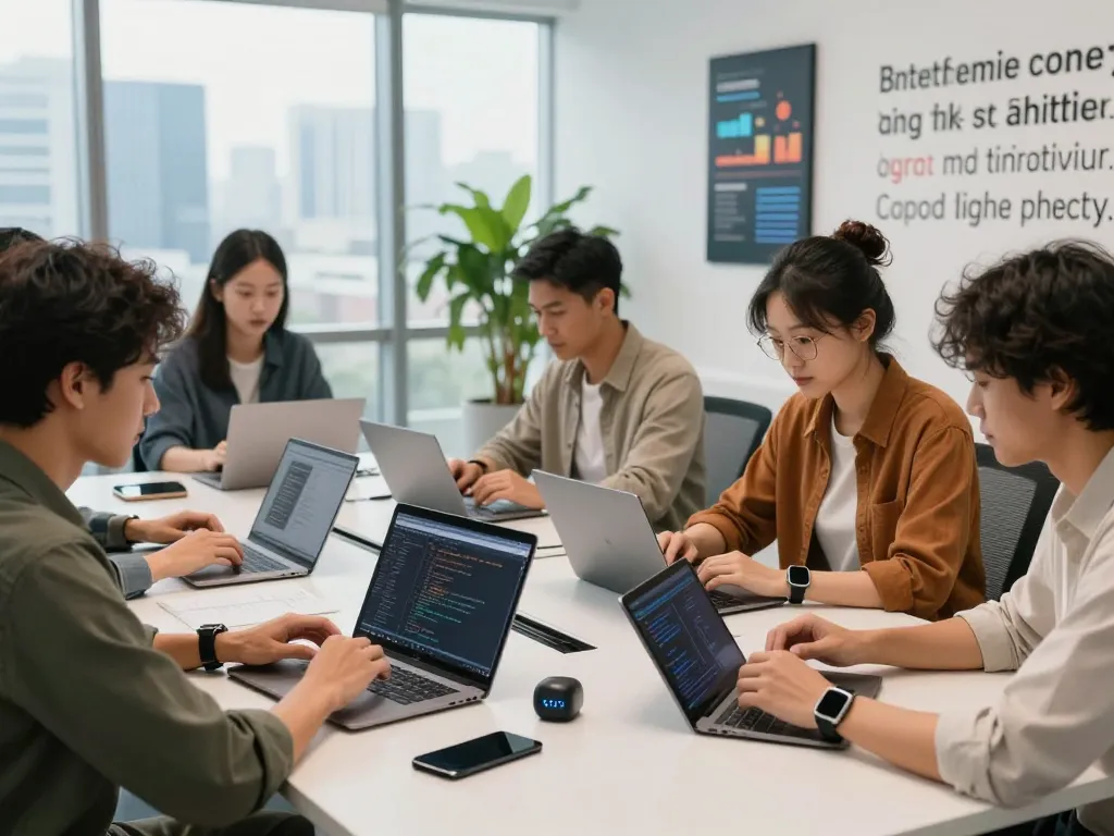 Team collaborating with unique tech gadgets in a modern office environment