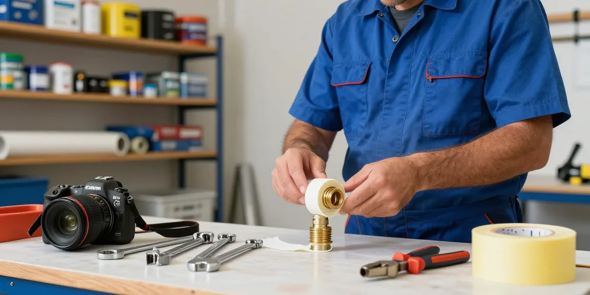 Nastro idraulico utilizzato da un idraulico professionista mentre installa tubi in un garage ordinato.