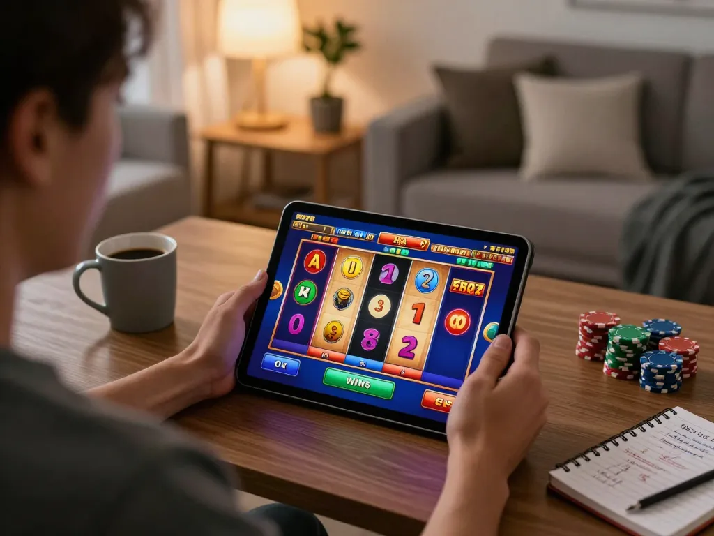 Pemain yang terlibat menikmati permainan raja slot di tablet, dikelilingi oleh strategi dan pencahayaan yang hangat