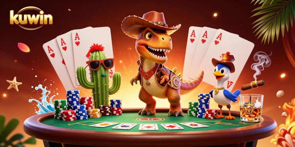Kuwin online gambling scene with a poker-playing dinosaur and friends enjoying a vibrant casino atmosphere.