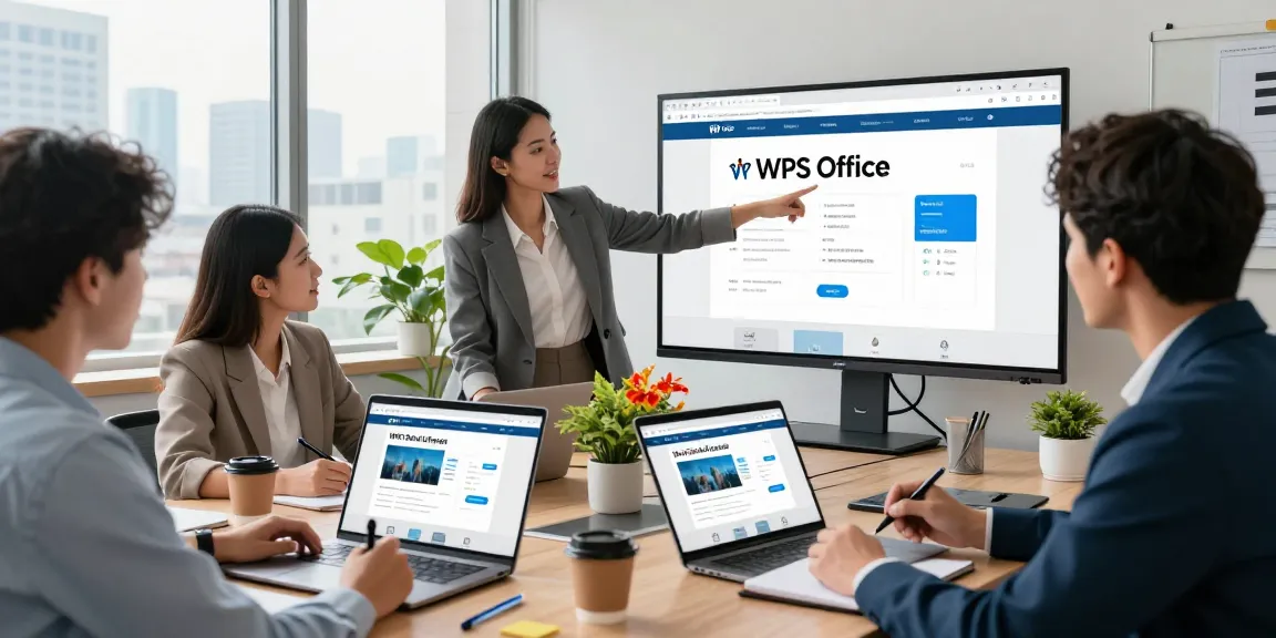 Team collaborating on WPS Official Website project in a modern office, showcasing technology use.