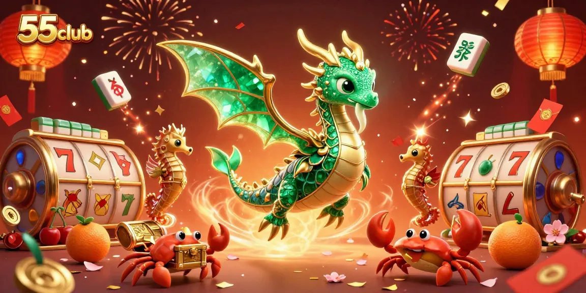 Engage with exciting games at 55club, featuring a vibrant scene with dynamic slot reels and animated characters.