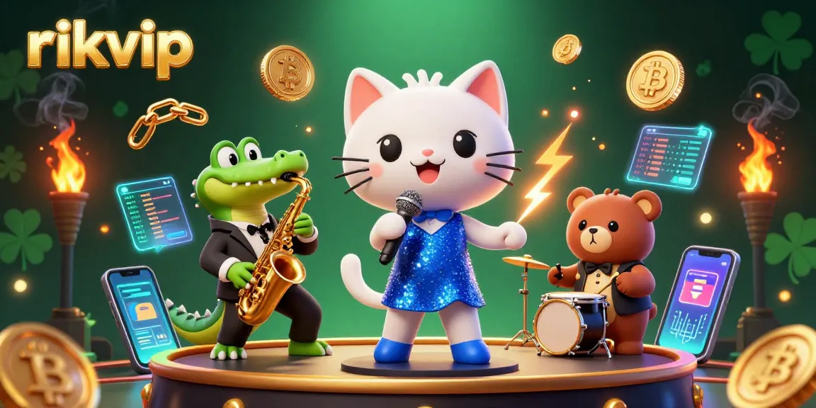 Experience the excitement of rikvip with a vibrant casino scene featuring 3D animated characters and crypto elements.