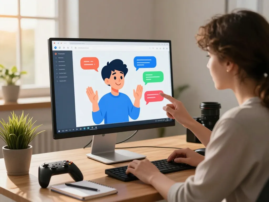 Engaging character AI NSFW chat on a modern computer setup with vibrant dialogue bubbles and a cozy atmosphere.