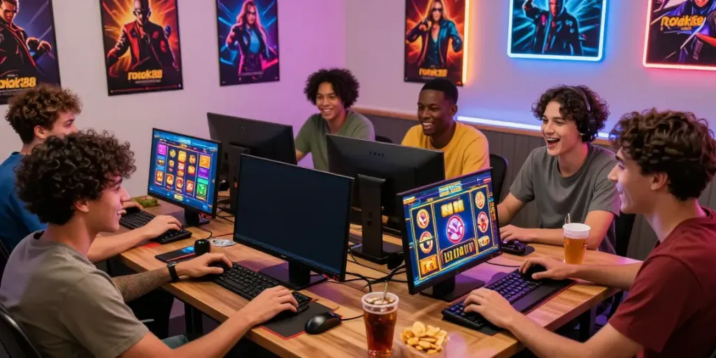 Friends enjoying a lively gaming session with rokok88 slot games on a big screen.