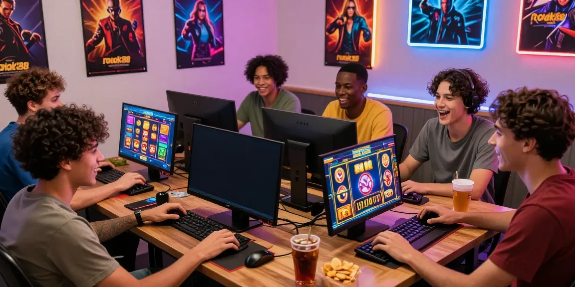 Friends enjoying a lively gaming session with rokok88 slot games on a big screen.