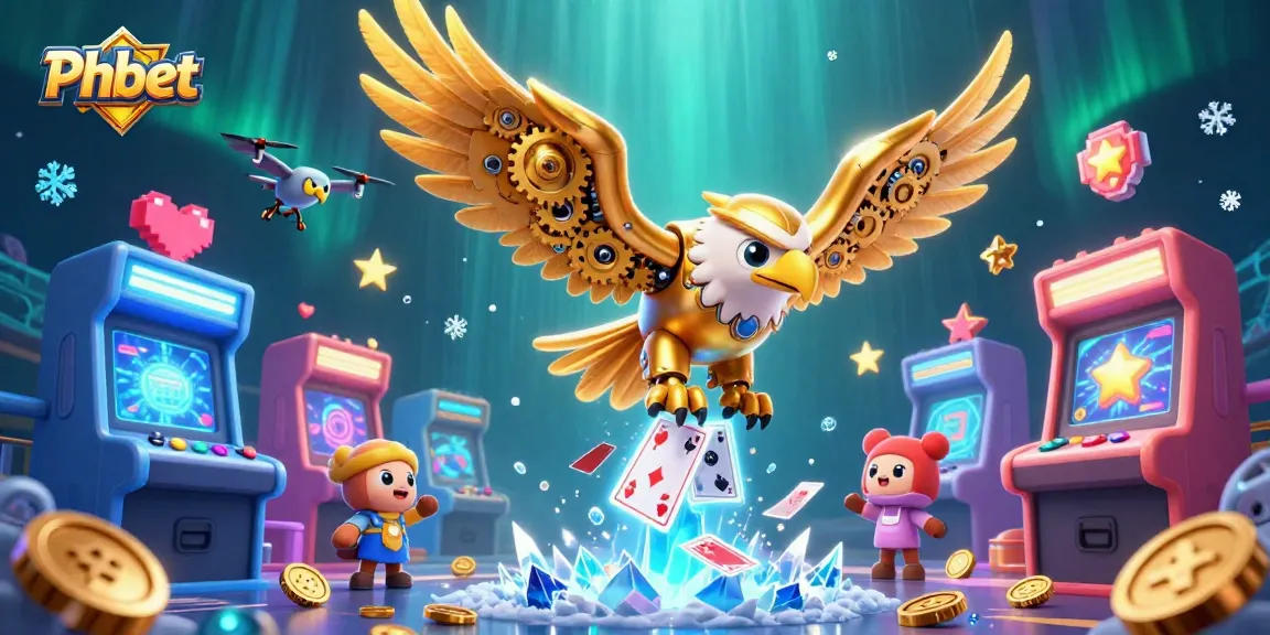 Win big with Phbet in this dynamic casino scene featuring a golden eagle and arcade games.