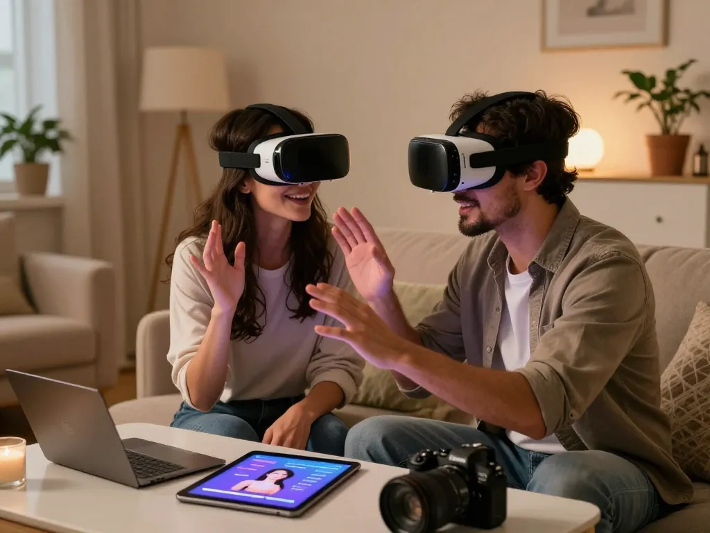Couple exploring AI sex technology with a VR headset in a cozy home setting.